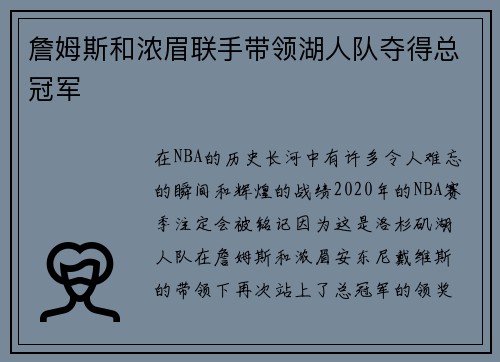 詹姆斯和浓眉联手带领湖人队夺得总冠军