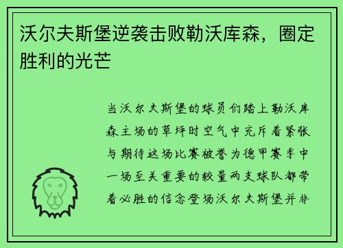 沃尔夫斯堡逆袭击败勒沃库森，圈定胜利的光芒